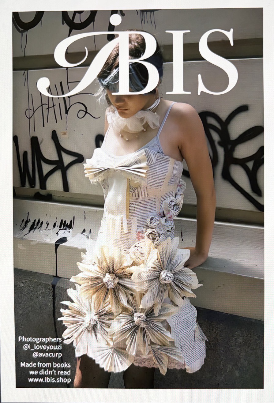IBIS editorial campaign showing the book-page garment and typographic identity